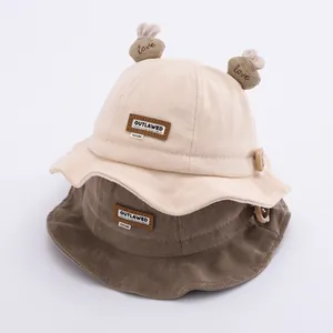 Corduroy bucket hat with cute 3D bunny ears for kids in beige and brown colors
