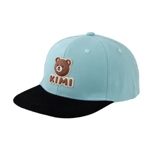 Kids sky blue and black flat brim baseball cap with brown KIMI bear patch decoration