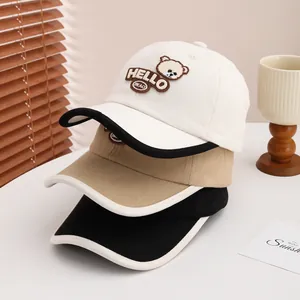Kids baseball cap with cartoon bear embroidery and HELLO BEAO text in various colors