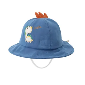 Dark blue baby bucket hat with cartoon dinosaur embroidery and orange stereoscopic fins