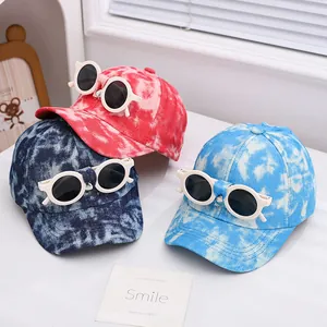 Kids Tie-Dye Baseball Cap With Decorative Round Sunglasses Fashion Sun Hat For Toddler Boys Girls Adjustable Peaked Cap