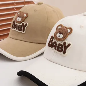 Kids bear baseball cap in khaki and white cotton with 3D baby bear patch embroidery