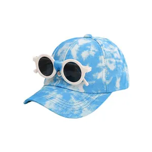 Kids tie-dye baseball cap in blue and white with creative built-in round sunglasses