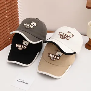 Kids Cartoon Bear Embroidery Baseball Cap Adjustable Cotton Blend Sun Hat Contrast Piping Curved Brim Outdoor Hat For Boys Girls