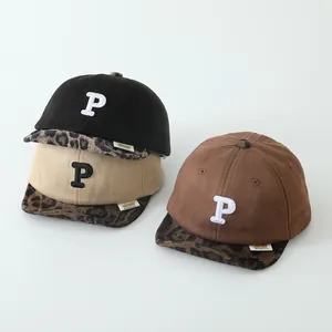 Kids baseball cap with P embroidery and leopard print brim in three autumn colors