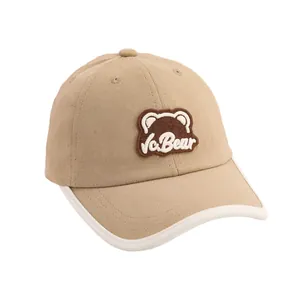 Khaki kids baseball cap with cartoon bear patch and contrast brim for boys and girls