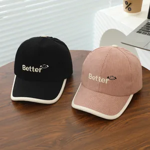 Retro corduroy kids baseball cap with Better embroidery in pink and black colors
