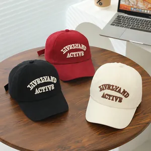 Kids' baseball caps with LIVELY AND ACTIVE embroidery in black, red, and beige colors