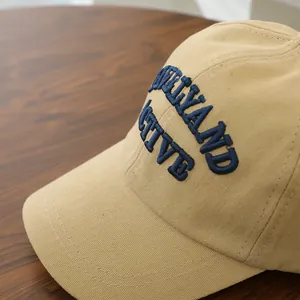 Close-up of daily active embroidery on khaki cotton canvas kids baseball cap