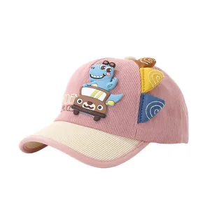 Kids corduroy baseball cap with cute dinosaur car patch and Garden Service embroidery