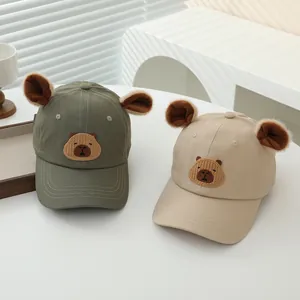Kids baseball cap with cute 3D bear ears and animal embroidery in khaki and beige