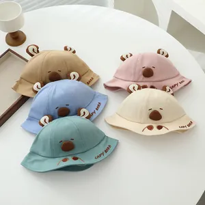 Kids cotton bucket hats with cute bear ears and Capybara embroidery in five pastel colors