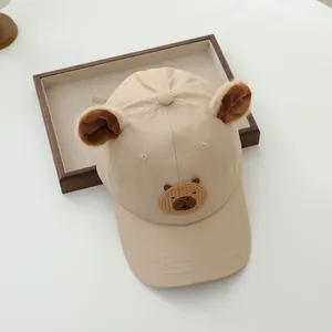 Kids baseball cap with bear ears and bear embroidery on beige breathable cotton canvas