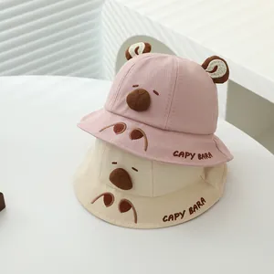 Cute kids bucket hat with 3D ears and Capybara embroidery in pink and beige colors