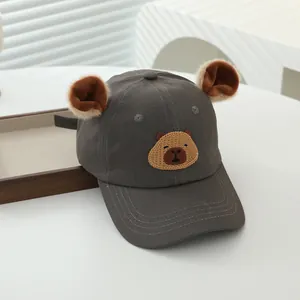 Kids dark grey baseball cap with 3D plush ears and cute capybara embroidery on front