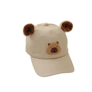 Khaki kids baseball cap with cute 3D plush bear ears and animal embroidery