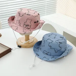 Sombreros de pescador de algodón para niños con dibujo de oso y cordón ajustable
