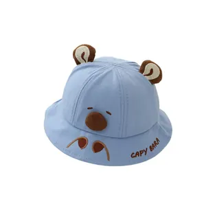 Cute blue cotton baby sun hat with 3D bear ears and cartoon Capybara embroidery