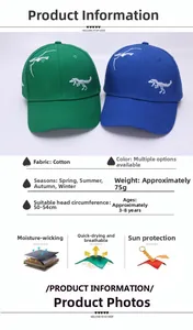 Kids cotton baseball cap with white dinosaur embroidery and size specifications list