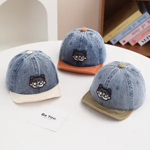 Infant denim baseball caps with cartoon girl embroidery in three assorted colors