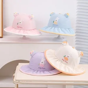 Kids Baby Girls Summer Sun Hat Quick Dry Breathable Mesh Bucket Hat With Bunny Embroidery 3D Ears Ruffle Wide Brim Cap