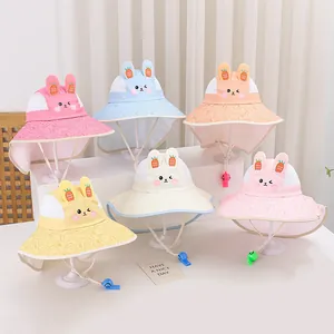 Cappello da Sole per Bambini a Forma di Coniglio Tesa Larga Misto Cotone Rete Traspirante Cappello Pescatore Con Fischietto Estate