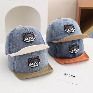 Toddler Kids Denim Baseball Cap Cartoon Girl Embroidery Adjustable Sun Protection Contrast Color Peaked Hat For Boys Girls