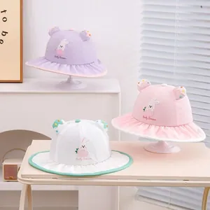 Kids quick-dry sun hats with bunny embroidery and wide brims in pink white and purple