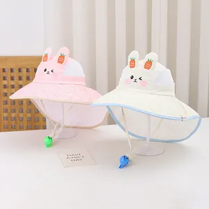 Cappello da sole per bambini con orecchie di coniglio tesa larga e fischietto rosa e beige