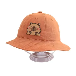 Orange kids capybara bucket hat with chin strap and cute cartoon patch for sun protection