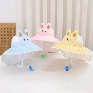 Cappello da sole per bambini a tesa larga con orecchie di coniglio e cordino fischietto