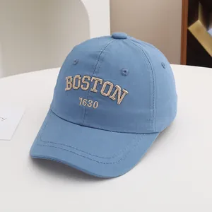 Light blue cotton baseball cap for kids with BOSTON 1630 embroidery and curved brim