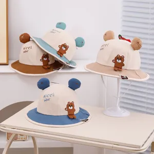 Kids Cartoon Bear Bucket Hat With 3D Ears Sun Protection Cotton Blend Fisherman Hat For Toddlers Outdoor Summer Travel