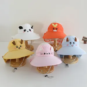 Detailed view of kids cartoon animal sun hats with wide brims and adjustable wind ropes