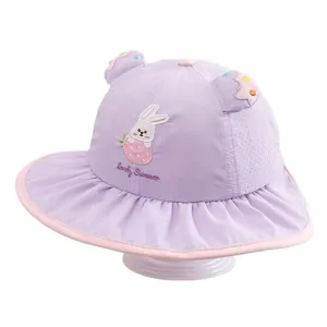 Quick-dry baby sun hat in light purple with cute bunny embroidery and wide brim for girls