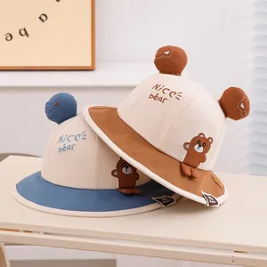 Cute kids NICE bear sun hat with fluffy pompom and 3D bear patch for toddlers