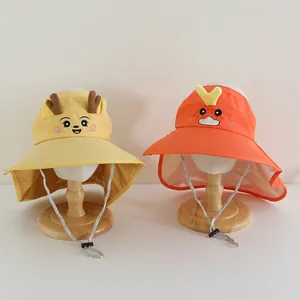 Detail of kids sun hats with wide brims, cartoon animal ears, and neck protection capes