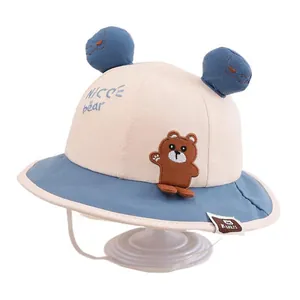 Toddler sun hat with cartoon bear embroidery and 3D ears on beige canvas fisherman cap