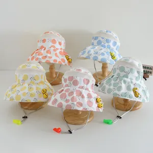 Kids Sun Hat Breathable Mesh Fisherman Hat With 3D Bee Decoration Polka Dot Floral Pattern Adjustable Windproof Rope Whistle