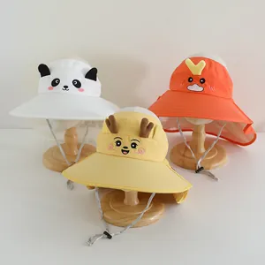 Kids Cartoon Animal Sun Hat Wide Brim UV Protection Fisherman Hat With Neck Flap Adjustable Windproof Rope For Boy Girl