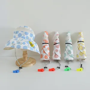 Foldable kids sun hats with breathable mesh, cute bee decor and adjustable whistle wind ropes