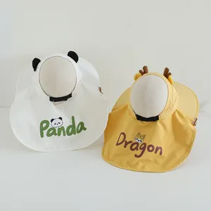 Kids sun protection hat with neck flap featuring cartoon panda and dragon animal designs