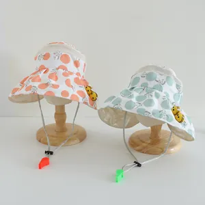 Detail of kids breathable mesh sun hat with bee accent and whistle drawstring