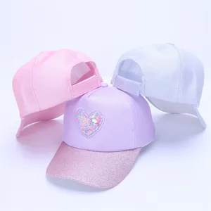 Glittering sequin baseball caps for girls with heart patch in pink purple and silver