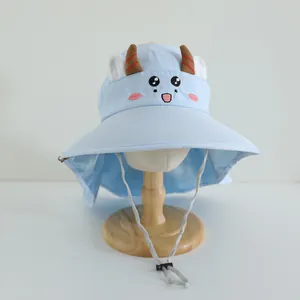 Detail of light blue cartoon kids sun hat with animal ears and neck protection flap