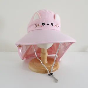 Close-up of pink kids sun hat featuring 360-degree neck protection and cat ear detail