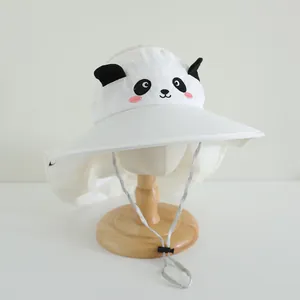 Close-up of white panda sun hat for kids featuring cute 3D ears and neck protection flap