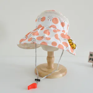 Kids breathable sun hat with orange dots, mesh top, cute bees and a red whistle