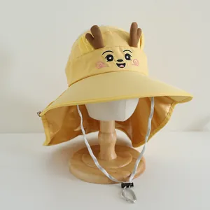 Kids yellow sun hat with cartoon deer design and neck flap for full UV protection