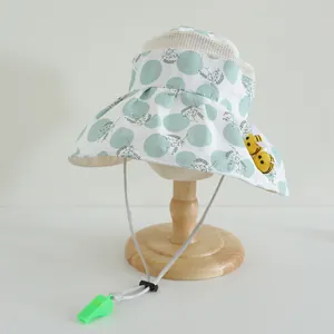 Detail of kids breathable sun hat with bee decor, mesh top and adjustable whistle strap